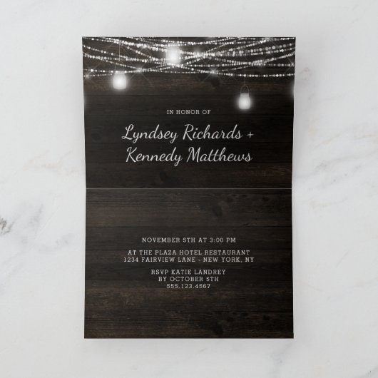 オークリッジ素朴ダークウッドカップルのウェディングシャワー 招待状 (内部)