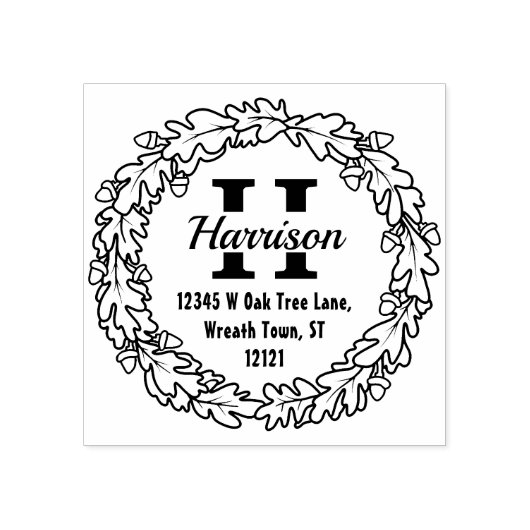 オークリーフアコーンリース |モノグラム差出人住所B ラバースタンプ (インプリント)