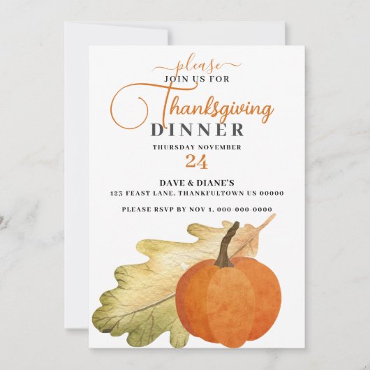 オークリーフ&パンプキンサンクスギビングディナー招待状 招待状 (正面)
