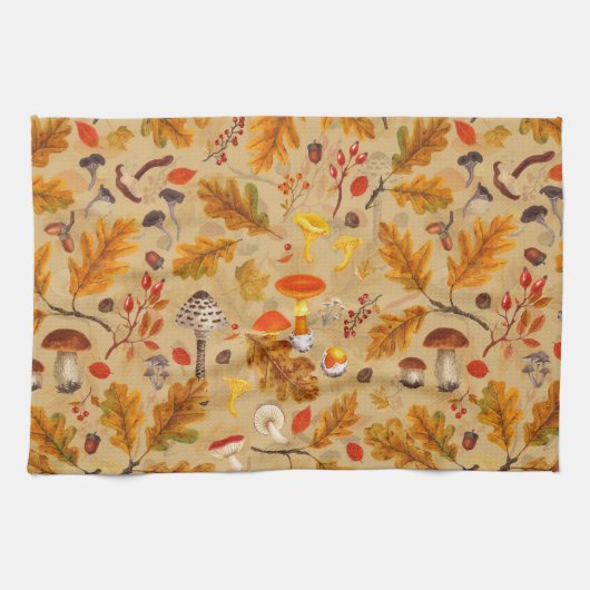 オークルの森のキノコと秋の植物 キッチンタオル (横)