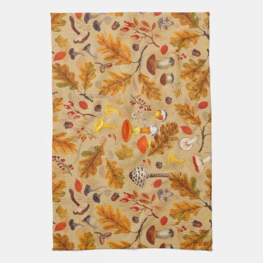 オークルの森のキノコと秋の植物 キッチンタオル (縦)