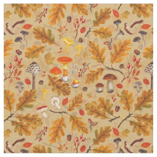 オークルの森のキノコと秋の植物 ファブリック (クローズアップ)