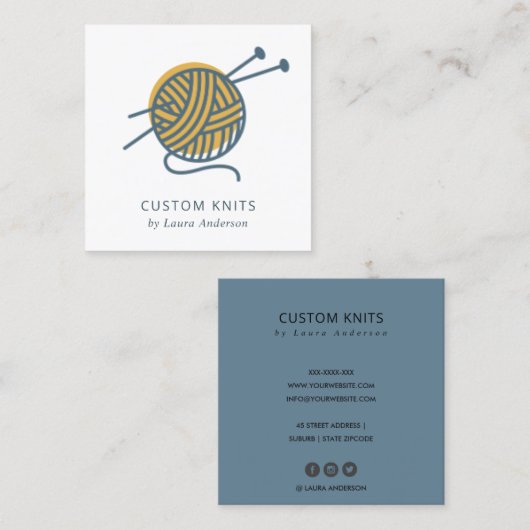 オークレイエローネイビーグレー編み物ウールヤーンボール スクエア名刺 (正面/裏面)