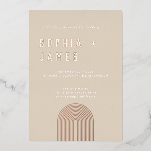 オークレオモダンレンジボホアーチ結婚ーズ 箔招待状 (正面)