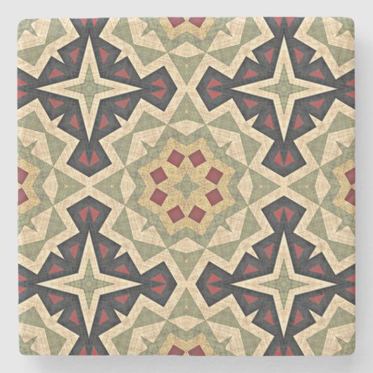 オークレマスタードイエローオリーブグリーンブラックトライバルアート ストーンコースター (正面)