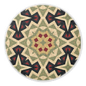 オークレマスタードイエローオリーブグリーンブラックトライバルアート セラミックノブ (正面)