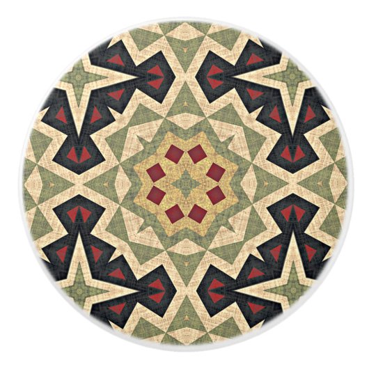 オークレマスタードイエローオリーブグリーンブラックトライバルアート セラミックノブ (正面)