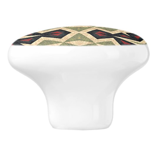 オークレマスタードイエローオリーブグリーンブラックトライバルアート セラミックノブ (側面)