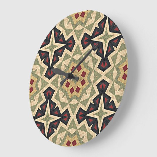 オークレマスタードイエローオリーブグリーンブラックトライバルアート ラージ壁時計 (傾斜)