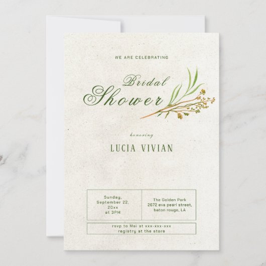 オークレーエレガントムグリーン素朴ブライダルシャワー 招待状 (正面)