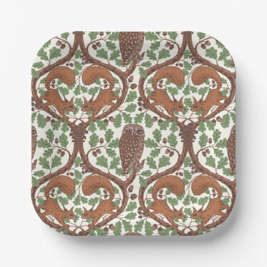 オーク材のウイスパー/フクロウとリス ペーパープレート (正面)