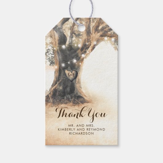 オーク素朴の木と彫られたハートの結婚数 ギフトタグ (正面)