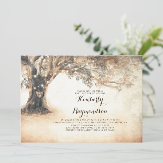 オーク素朴の木と文字列のライトベビーシャワー 招待状 (スタンド正面)
