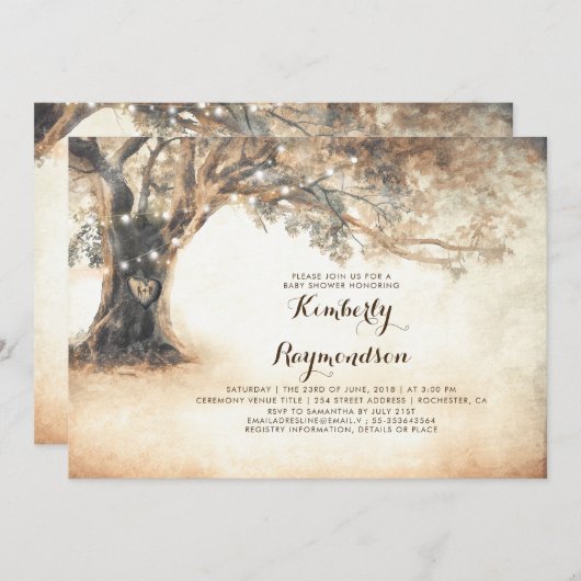 オーク素朴の木と文字列のライトベビーシャワー 招待状 (正面/裏面)