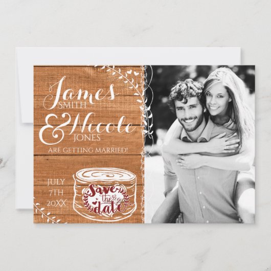 オーク素朴ウッド&ハート切り株の写真デートを保存 招待状 (正面)