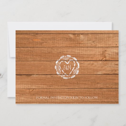 オーク素朴ウッド&ハート切り株の写真デートを保存 招待状 (裏面)