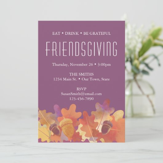 オーク葉ズ&アコーンサンクスギビングの紫とオレンジ 案内状 (スタンド正面)