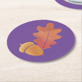 オーク葉デザインとアコーンイン紫とオレンジ ラウンドペーパーコースター (アングル)