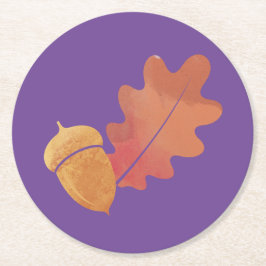 オーク葉デザインとアコーンイン紫とオレンジ ラウンドペーパーコースター