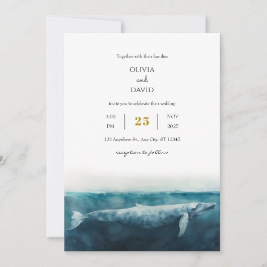 オーシエレガントアニックブルーホエー芸術的ルビーチ結婚式 招待状 (正面)