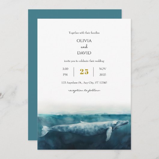 オーシエレガントアニックブルーホエー芸術的ルビーチ結婚式 招待状 (正面/裏面)