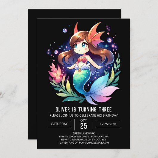 オーシャニックキュートマーメイド誕生日 招待状 (正面/裏面)