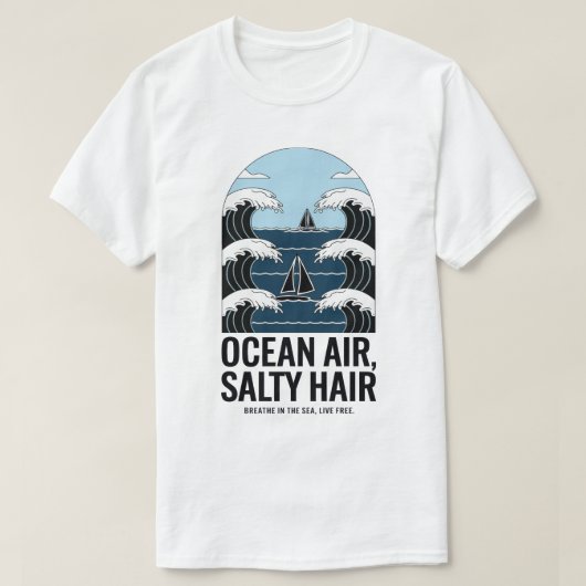 オーシャンエアー 塩っぽい髪 海の波デザイン Tシャツ (デザイン正面)