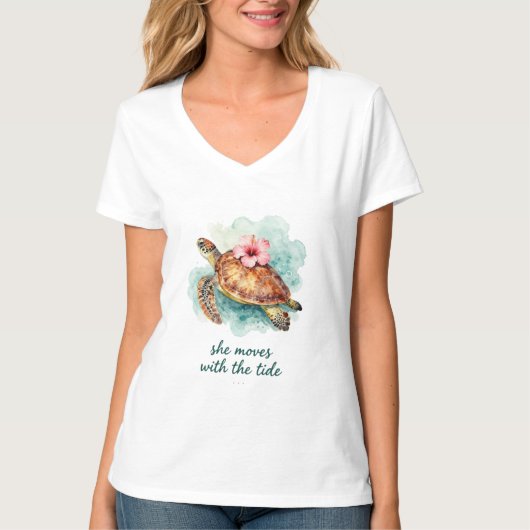 オーシャンガール - ウミガメのハイビスカスティー Tシャツ (正面)
