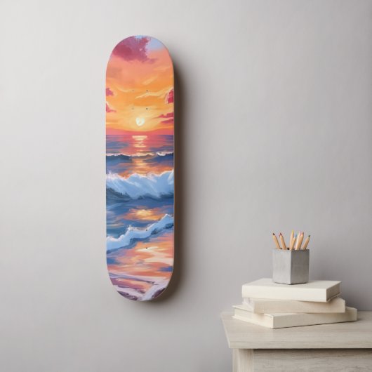 オーシャンサンセットビーチの波 水彩画 スケートボード (ウォールアート)