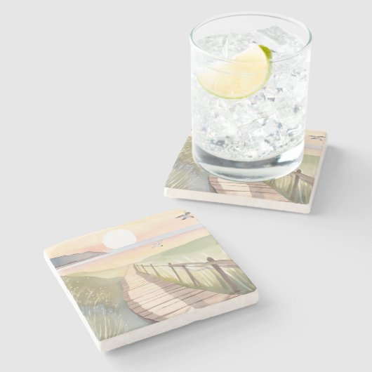 オーシャンストロール | イエローサンセット 水彩画 ストーンコースター (横)