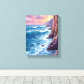 オーシャンズブレス | 岩だらけの海のサンセット海岸の水彩画 キャンバスプリント (インサイチュ (ウッドフロア))