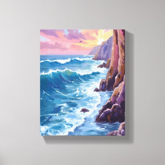 オーシャンズブレス | 岩だらけの海のサンセット海岸の水彩画 キャンバスプリント (正面)