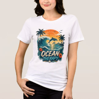 オーシャンセラピー | レトロトロピカルビーチとイルカ トライブレンドTシャツ