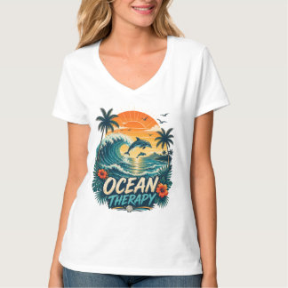 オーシャンセラピー | レトロトロピカルビーチとイルカ Tシャツ