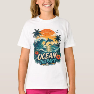 オーシャンセラピー | レトロトロピカルビーチとイルカ Tシャツ
