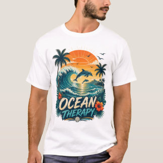 オーシャンセラピー | レトロトロピカルビーチとイルカ Tシャツ