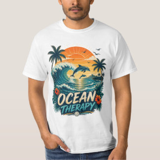 オーシャンセラピー | レトロトロピカルビーチとイルカ Tシャツ