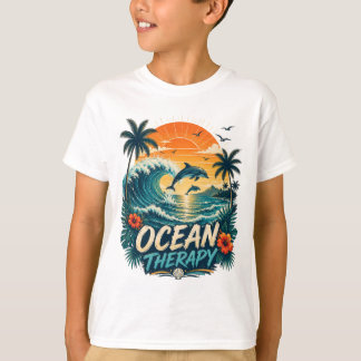 オーシャンセラピー | レトロトロピカルビーチとイルカ Tシャツ