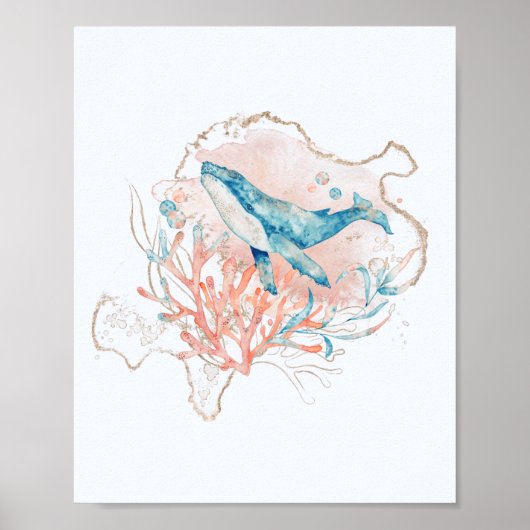 オーシャンテーマ ピンクとブルーの水彩画のクジラの海 ポスター (正面)