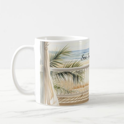 オーシャンビューの浜辺の静けさ コーヒーマグカップ (左)