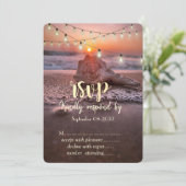 オーシャンビーチサンセット、ストリングライト、シーシェル　RSVP 招待状 (スタンド正面)