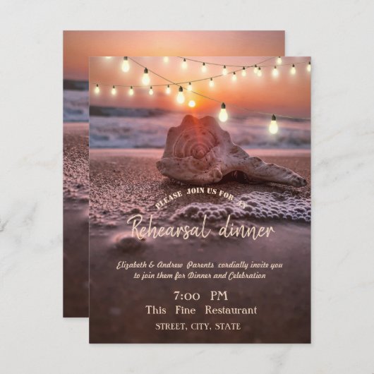 オーシャンビーチ、ライトシーシェルリハーサルディナー 招待状 (正面/裏面)