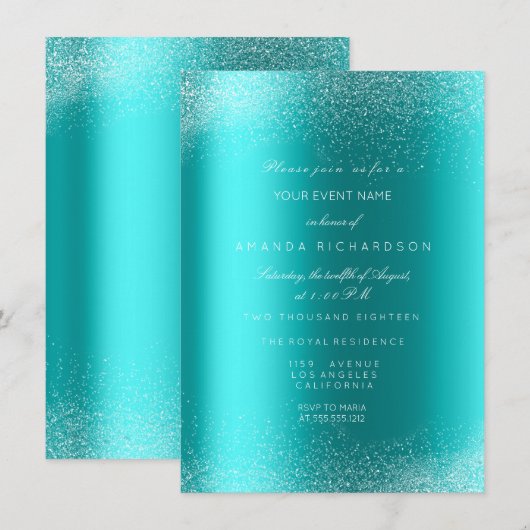 オーシャンブルーのグリッター砂のウェディング・誕生日 招待状 (正面/裏面)