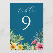 オーシャンブルーのトロピカルフラワーとグリーンのテーブルナンバー 招待状 (裏面)