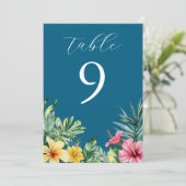 オーシャンブルーのトロピカルフラワーとグリーンのテーブルナンバー 招待状 (スタンド正面)