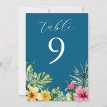 オーシャンブルーのトロピカルフラワーとグリーンのテーブルナンバー