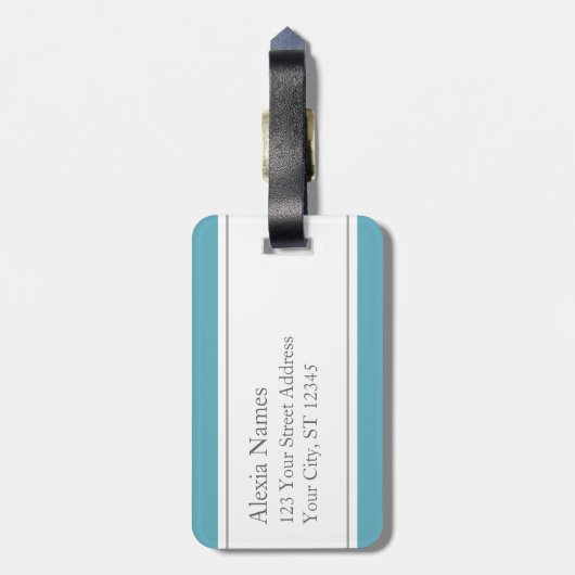 オーシャンブルーのモノグラムのな日除けのストライプ ラゲッジタグ (裏面縦)