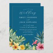 オーシャンブルーの水彩トロピカルフラワーウェディング 招待状 (正面/裏面)