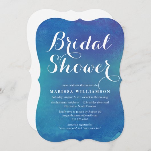 オーシャンブルーの水彩画のブライダルシャワーの招待状 招待状 (正面/裏面)