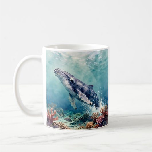 オーシャンブルーホエールと海岸の詩 コーヒーマグカップ (左)